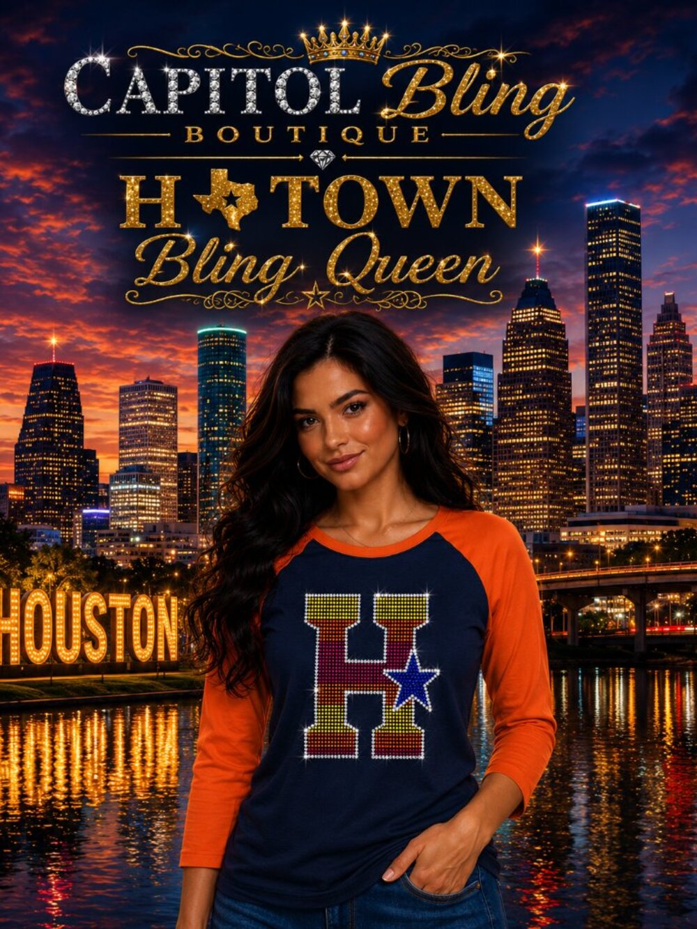 Capitol Bling Women’s Navy & Orange H Logo Raglan Jersey Houston Astros XXL